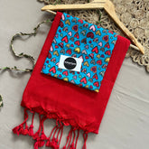 Red Handloom Khadi Cotton Saree With Heart Print Blouse